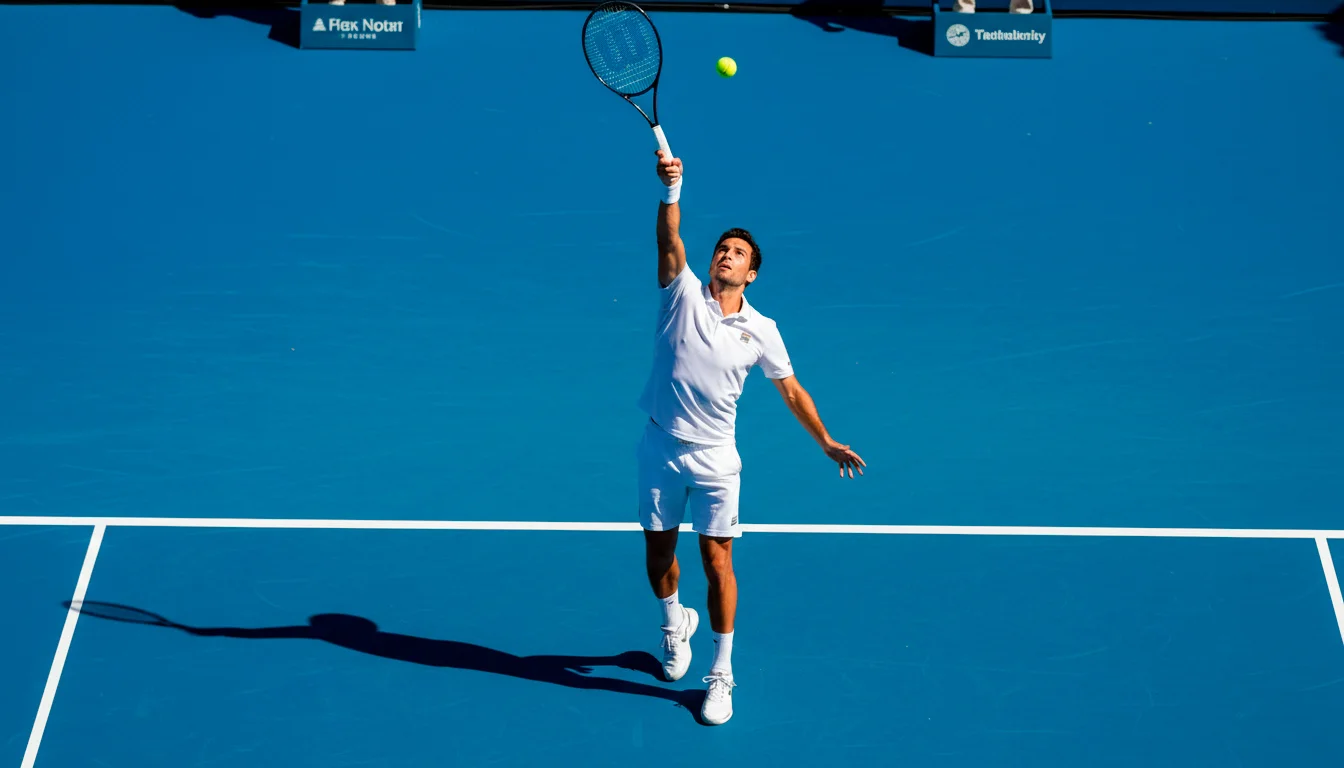 Tennisspieler beim Aufschlag auf einem Hartplatz bei einem ATP-Turnier