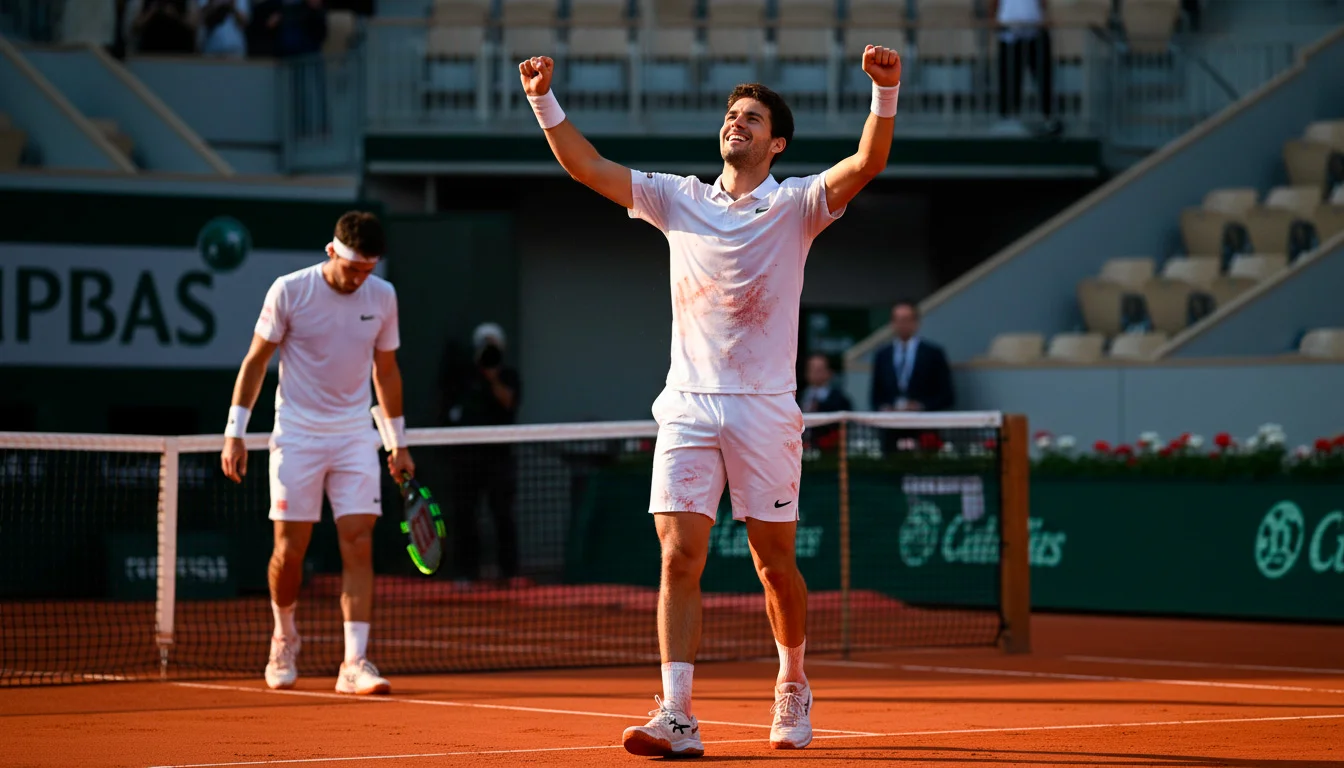 Tennisspieler jubelt überraschend nach einem gewonnenen Punkt auf einem Sandplatz