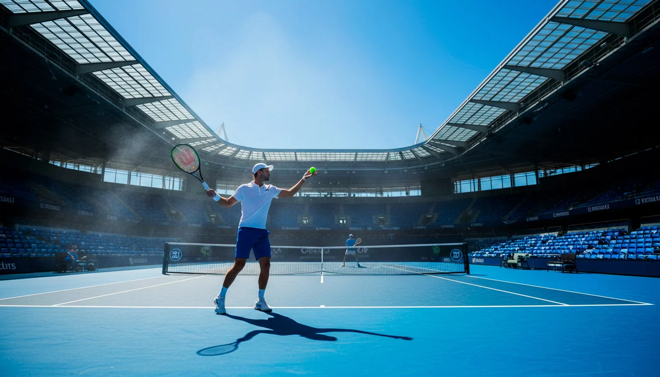 Tennisplatz der Australian Open in Melbourne bei strahlendem Sonnenschein und Hitze