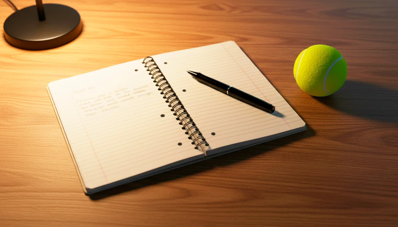 Notizbuch mit Stift und Tennisball auf einem Schreibtisch als Symbol für Planung