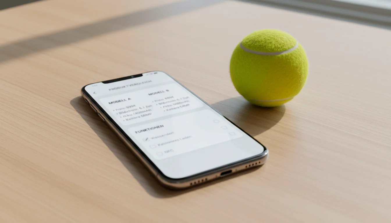 Smartphone auf einem Tisch neben einem Tennisball, Wettanbieter-Vergleich
