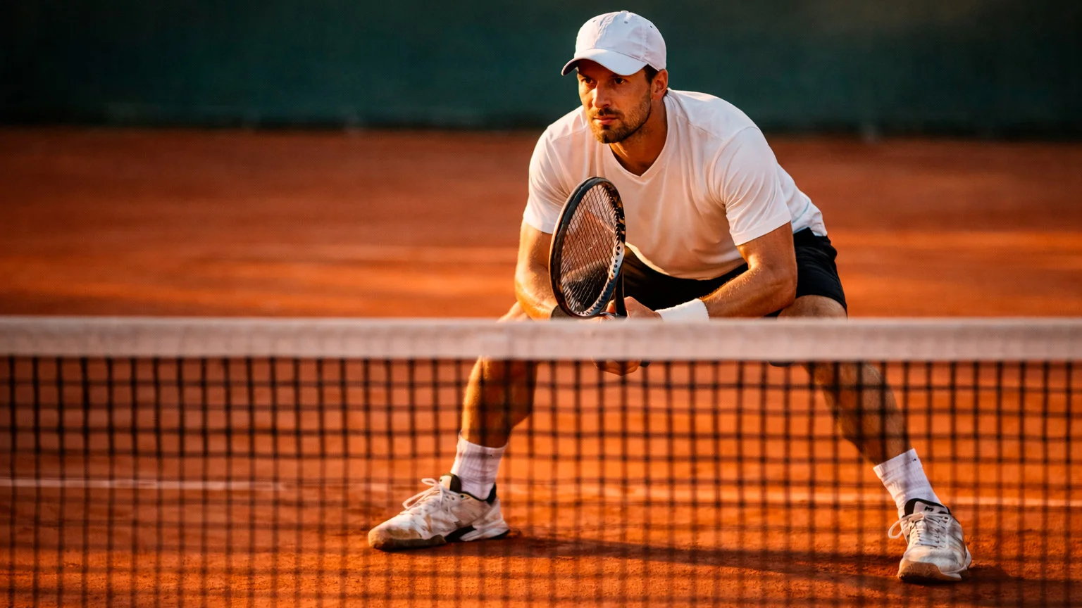 Tennisspieler schlägt einen Return auf einem Sandplatz bei einem Break-Punkt