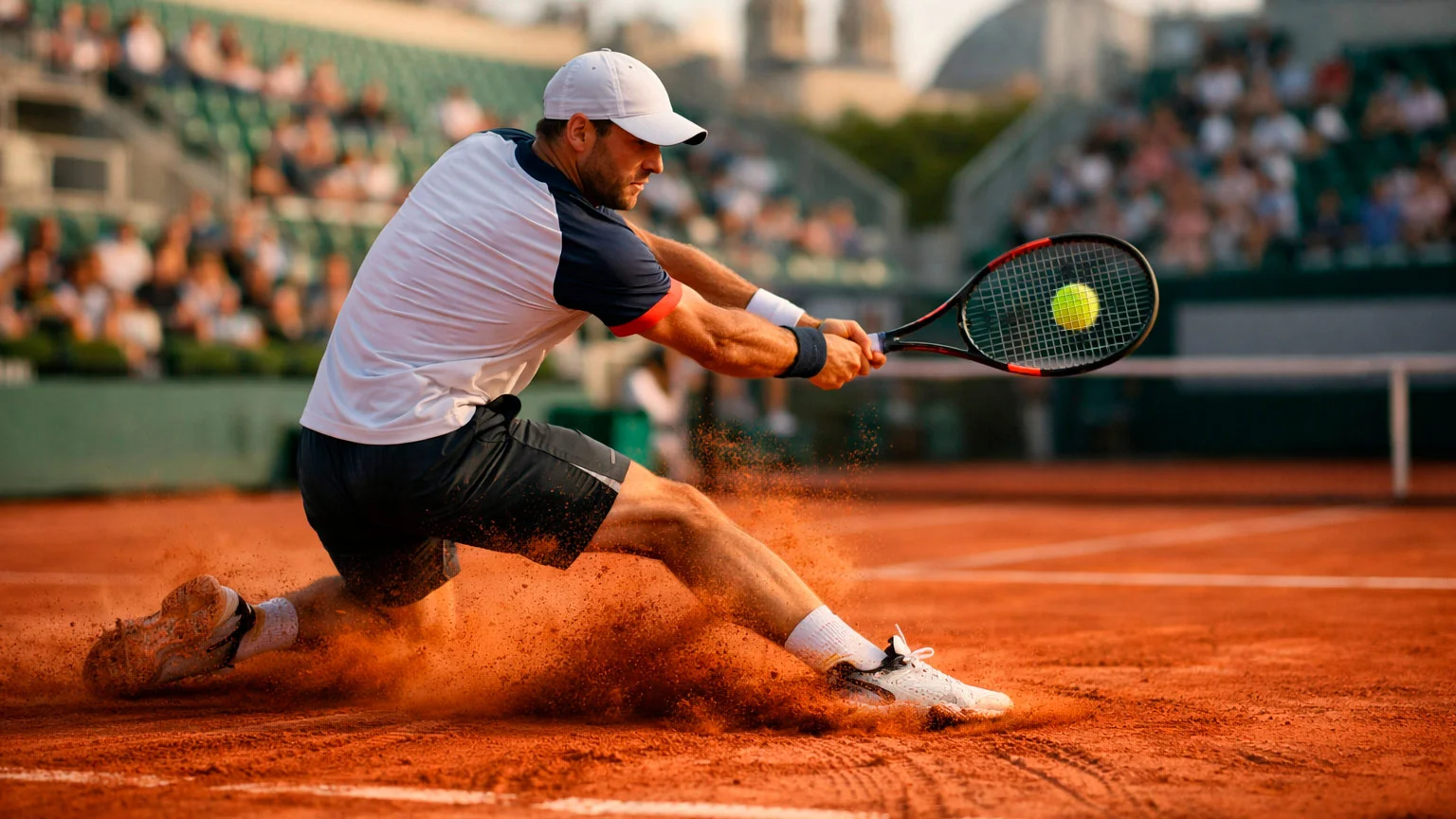 Roter Sandplatz bei Roland Garros mit sichtbaren Rutschspuren eines Spielers