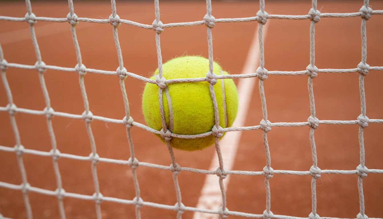 Tennisball im Netz hängen geblieben als Symbol für einen Fehler