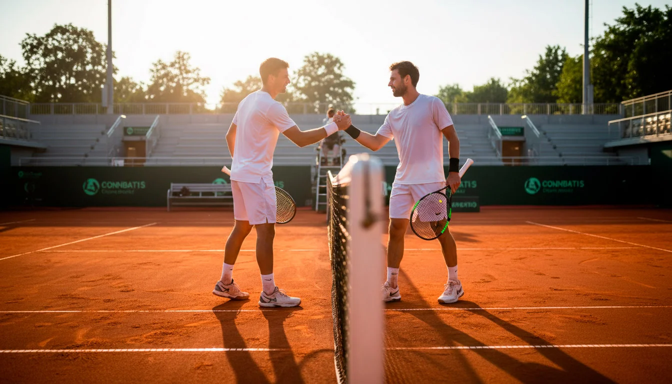 Zwei Tennisspieler am Netz beim Handschlag nach einem Match