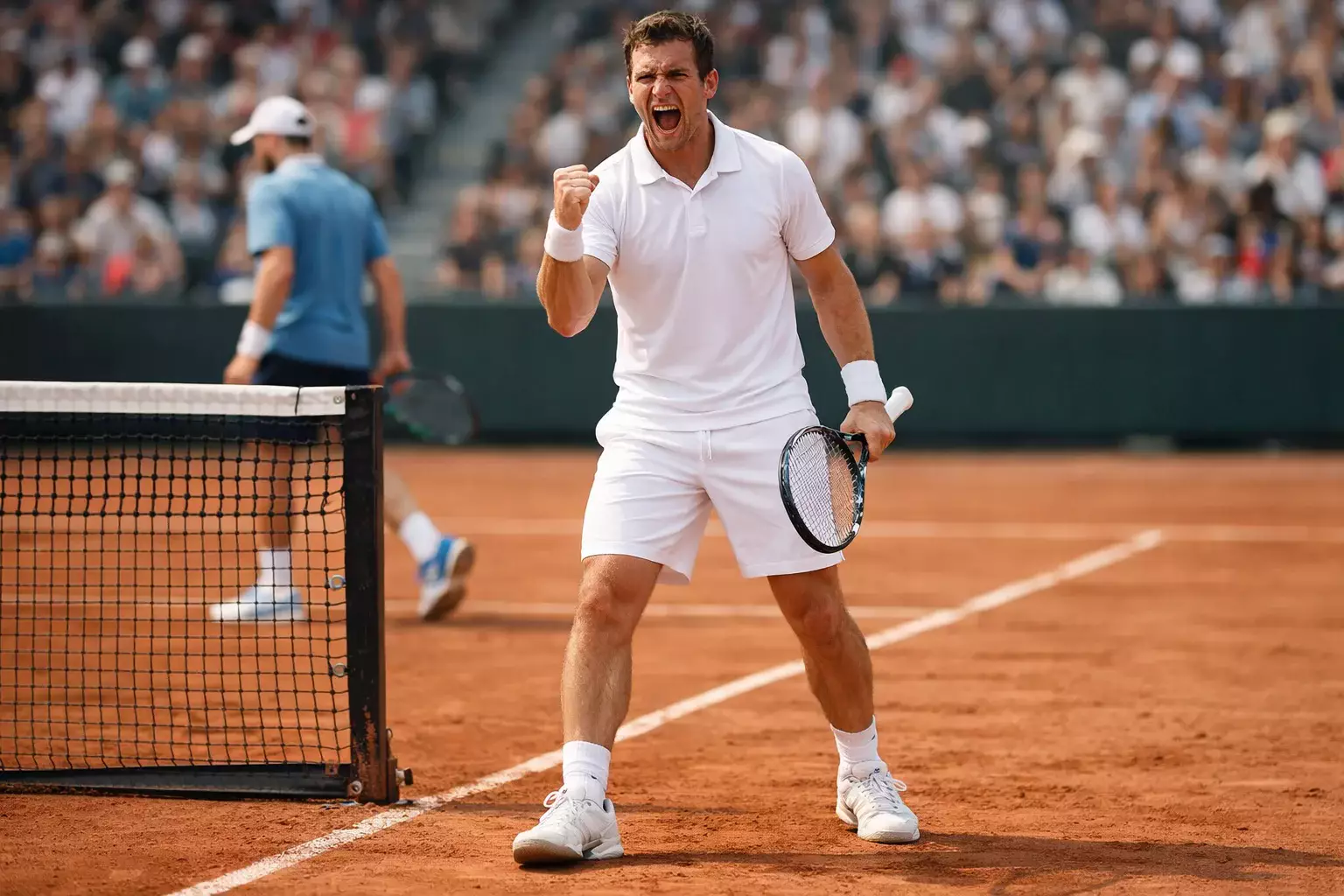 Tennisspieler feiert Siegpunkt am Netz