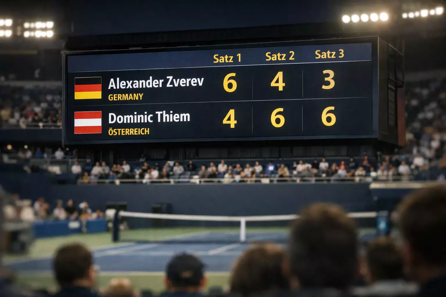 Anzeigetafel zeigt Satzstand beim Tennismatch