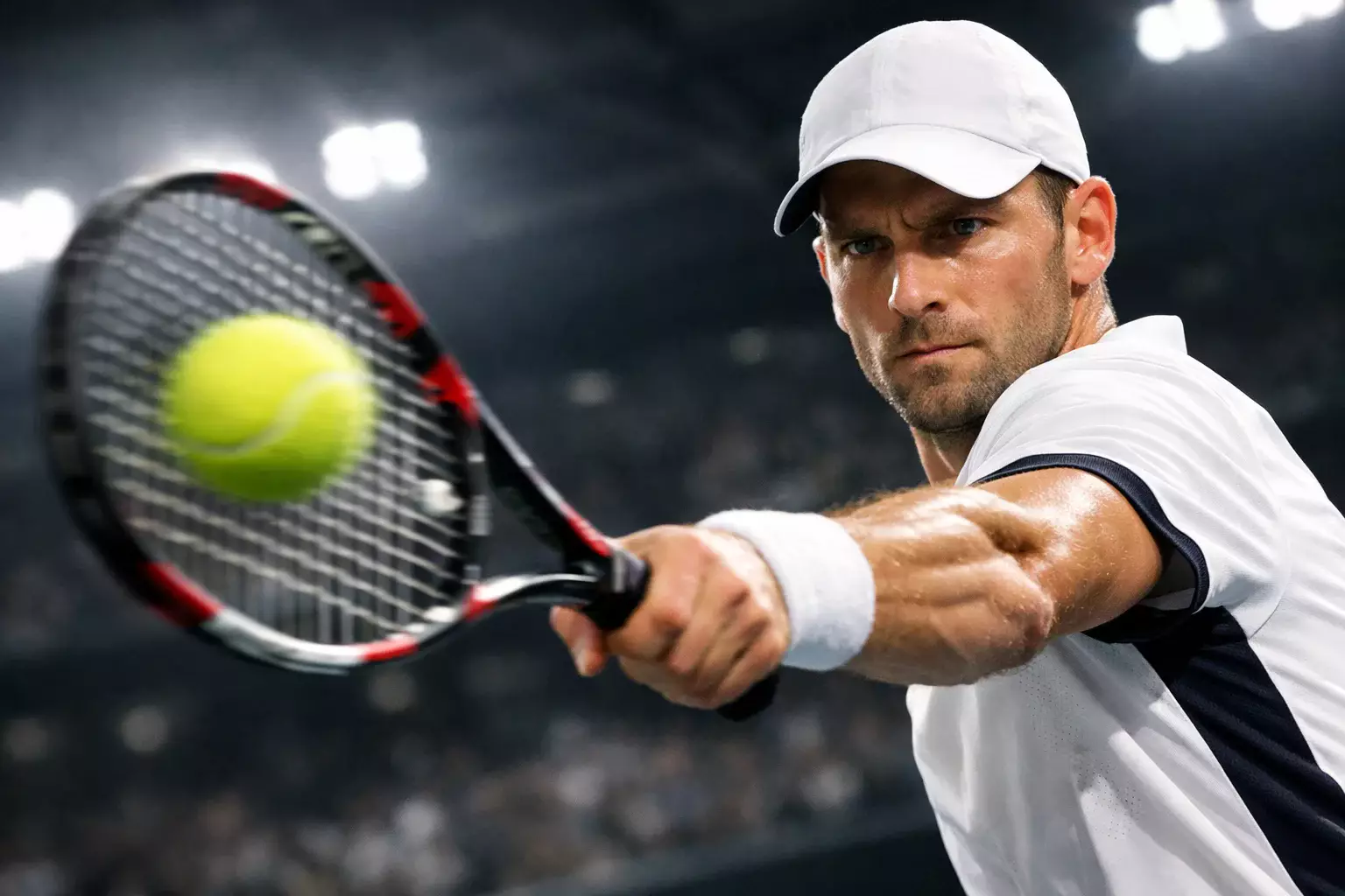 Tennisspieler schlägt kraftvollen Aufschlag