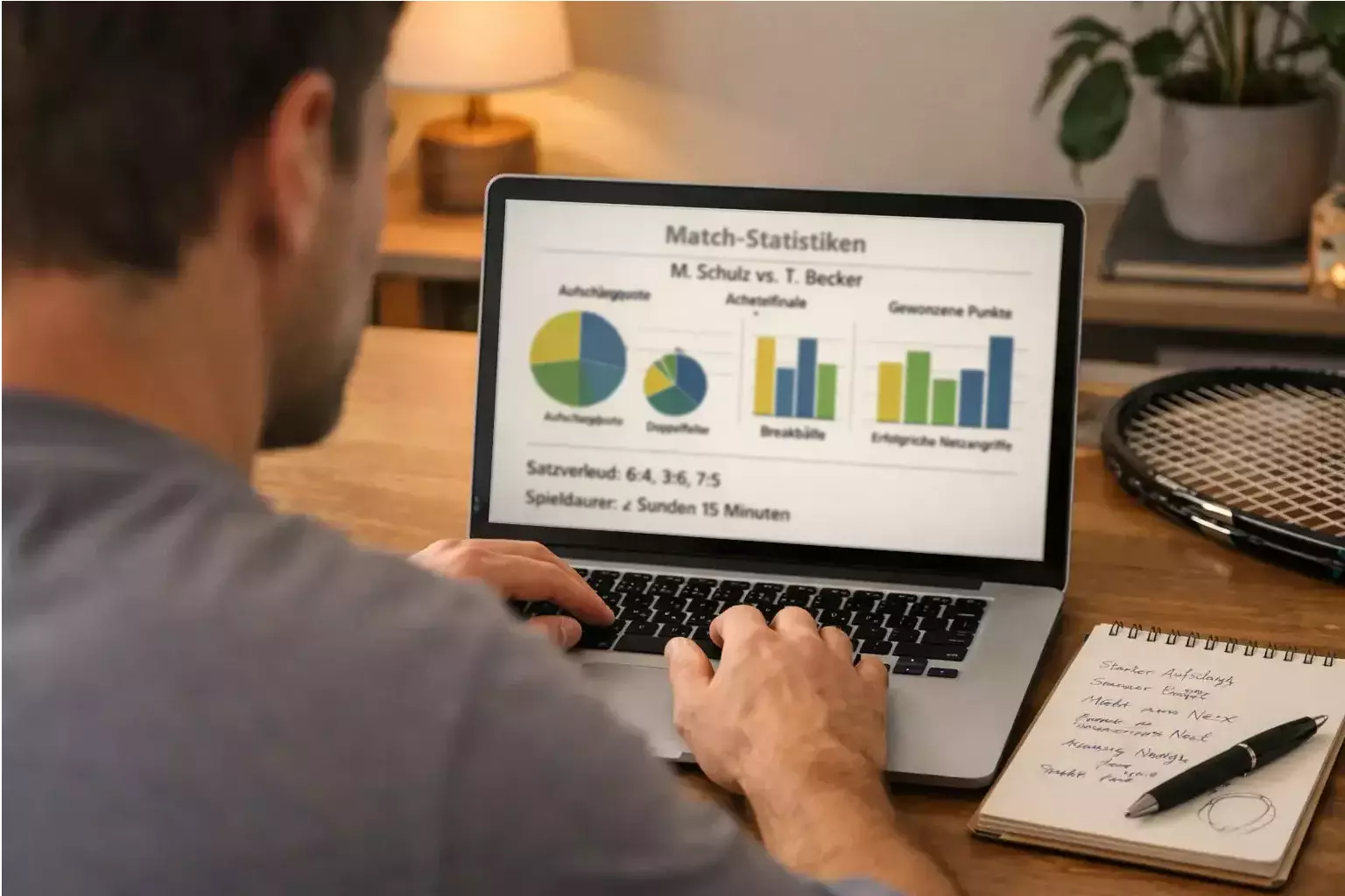 Person analysiert Tennisstatistiken am Laptop