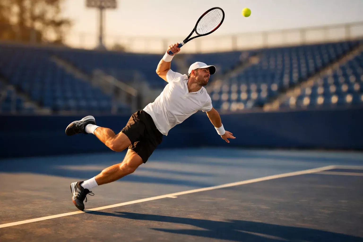 Tennisplatz mit Spieler beim Aufschlag