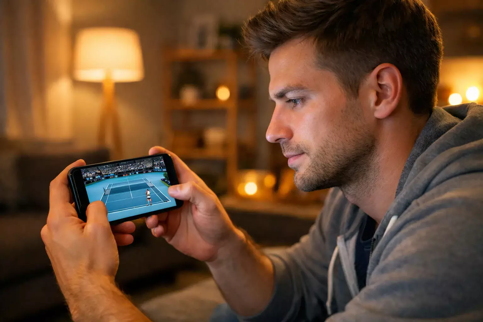 Fan schaut Tennisübertragung auf Smartphone