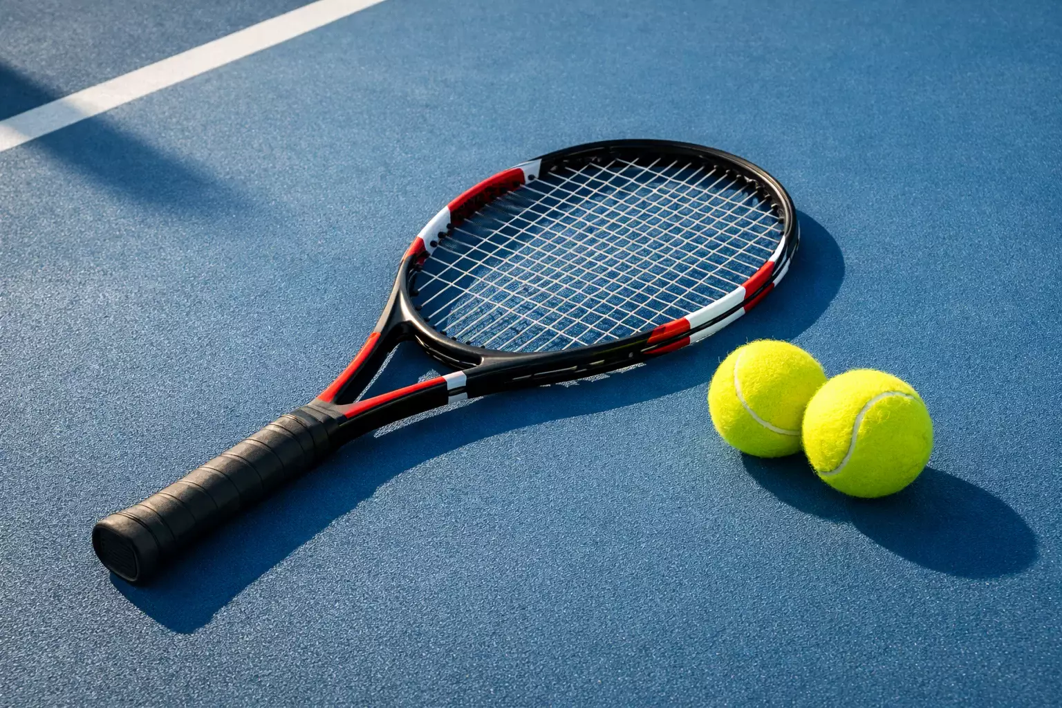 Tennisball und Schläger auf professionellem Belag