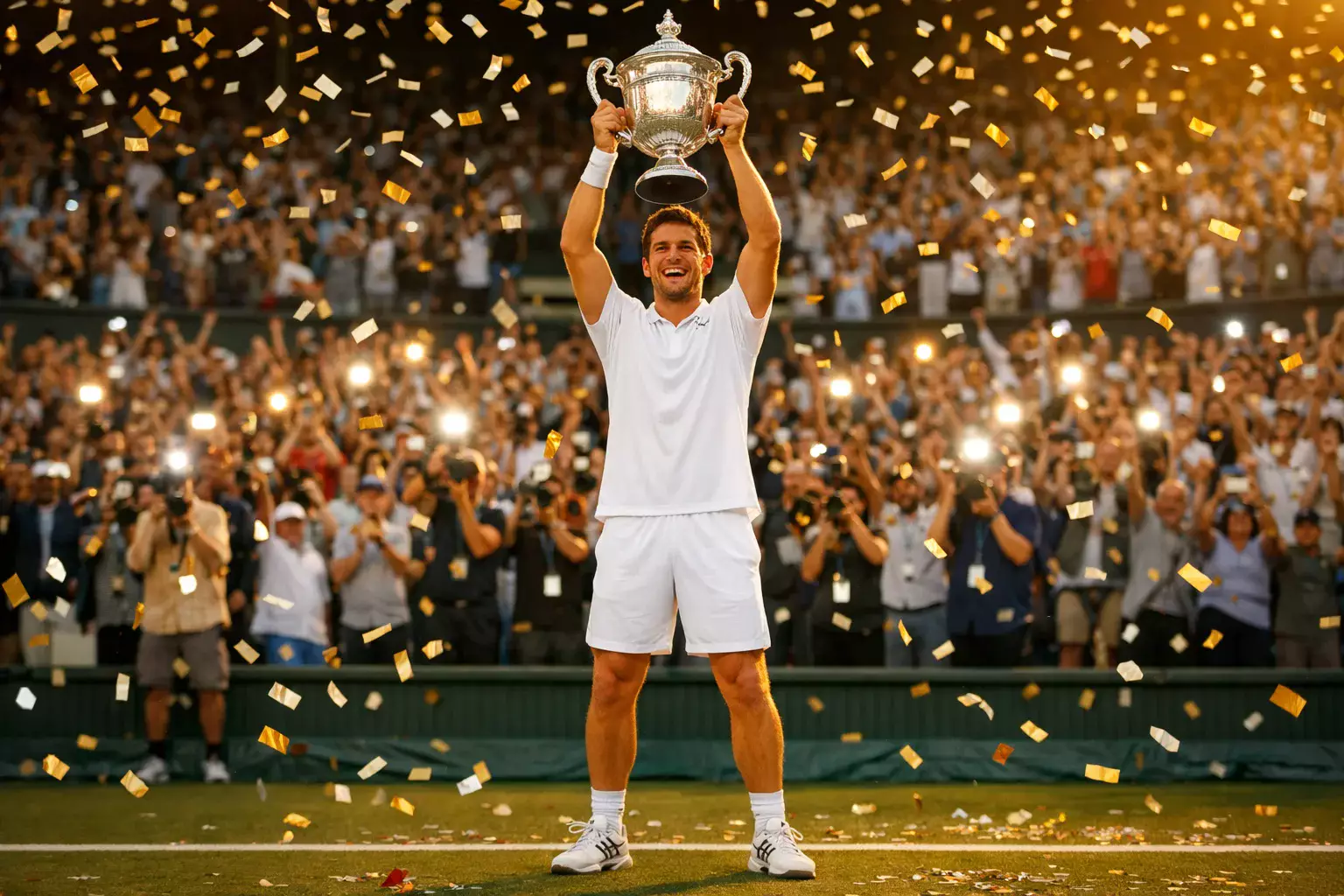 Tennisspieler hebt Pokal vor jubelndem Publikum