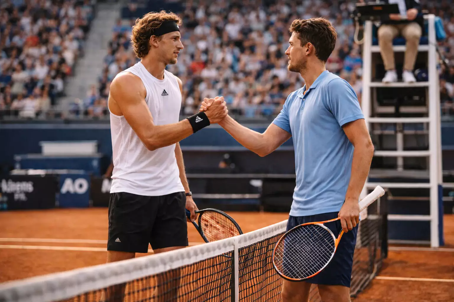 Tennisspieler schüttelt Hand des Gegners am Netz