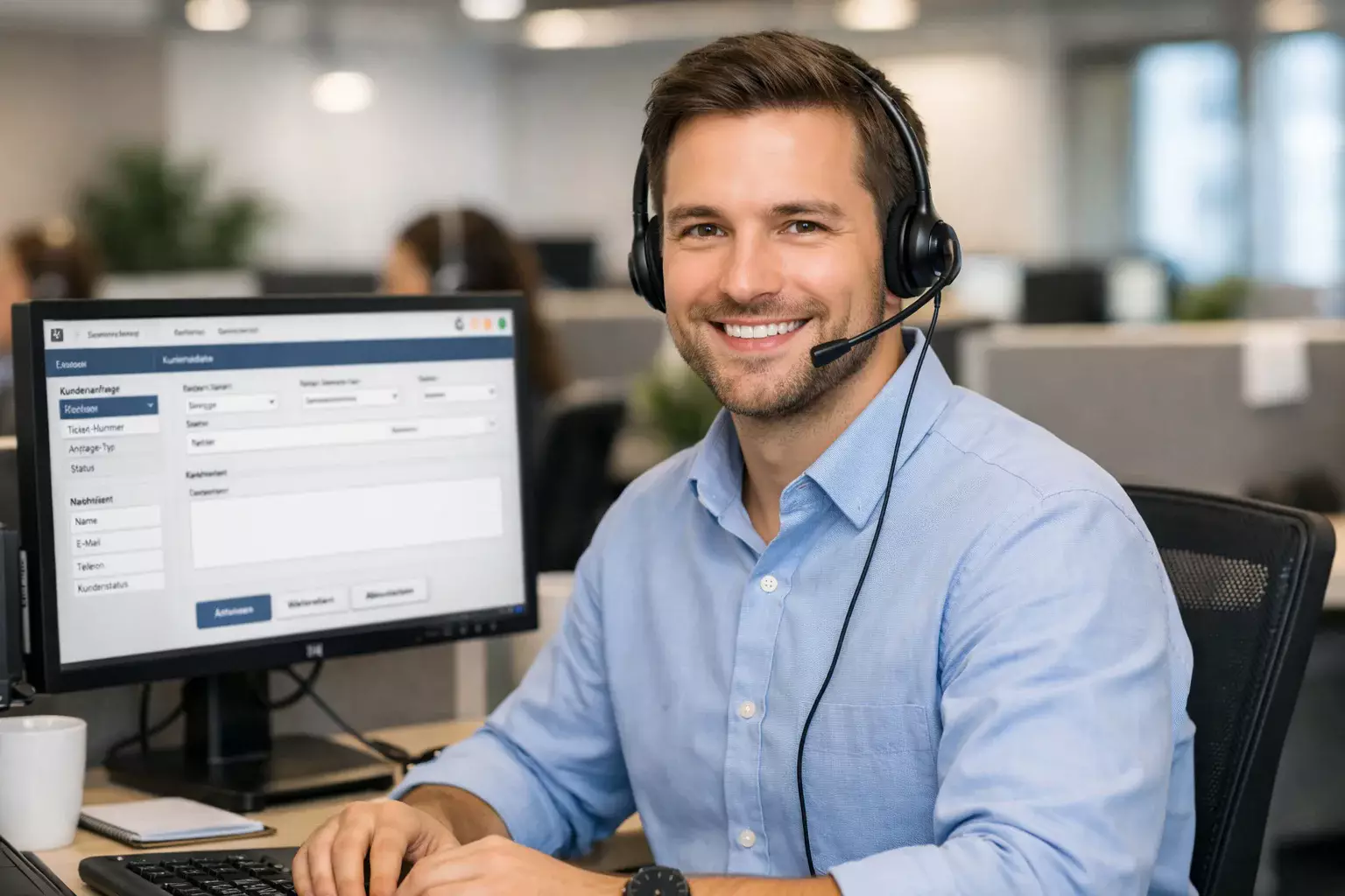 Freundlicher Kundenberater mit Headset am Computer