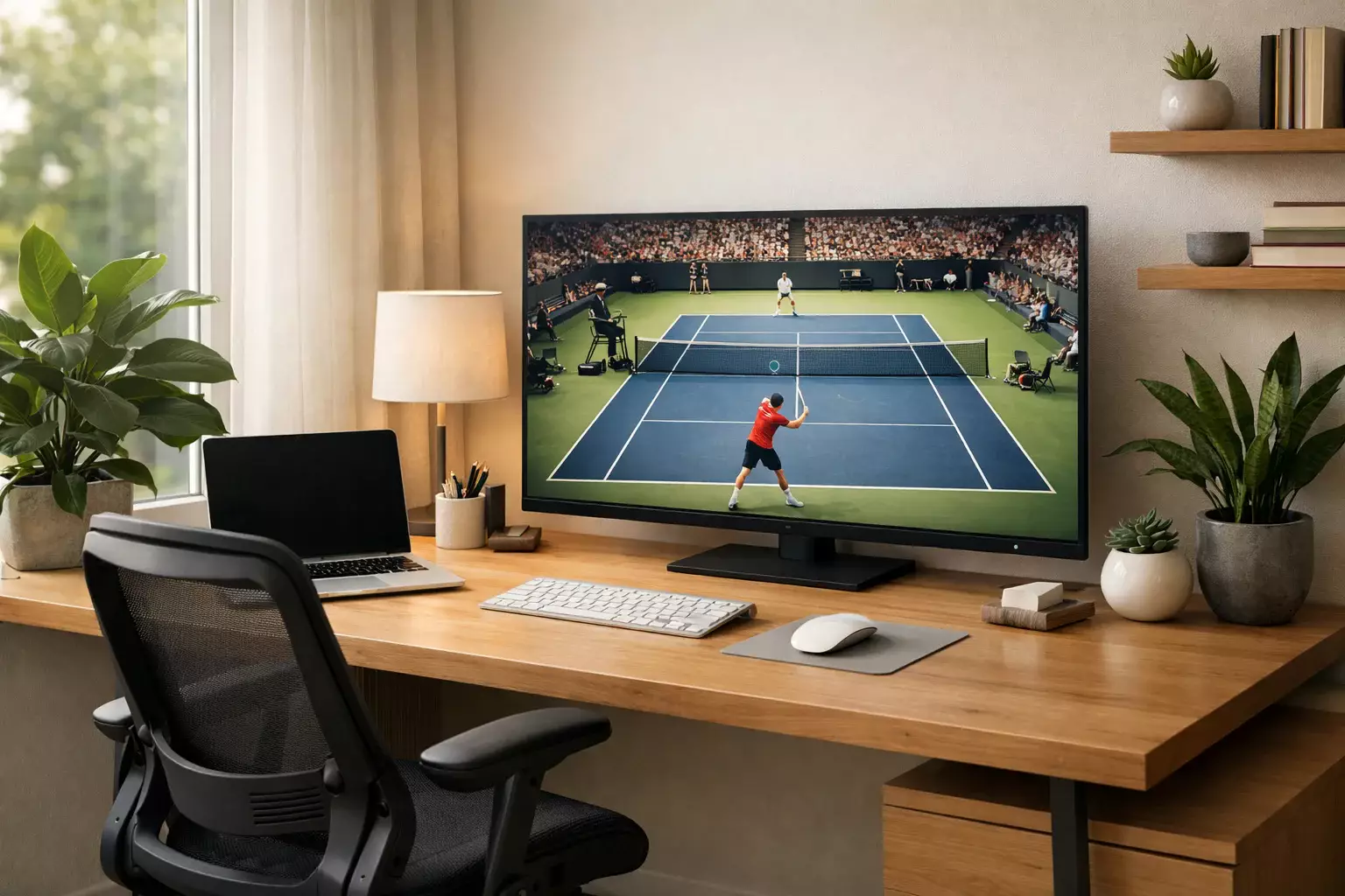 Moderner Arbeitsplatz mit Sportübertragung