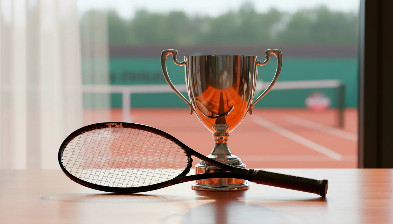 Tennispokal auf einem Tisch neben einem Tennisschläger als Symbol für Turniersieg-Wetten