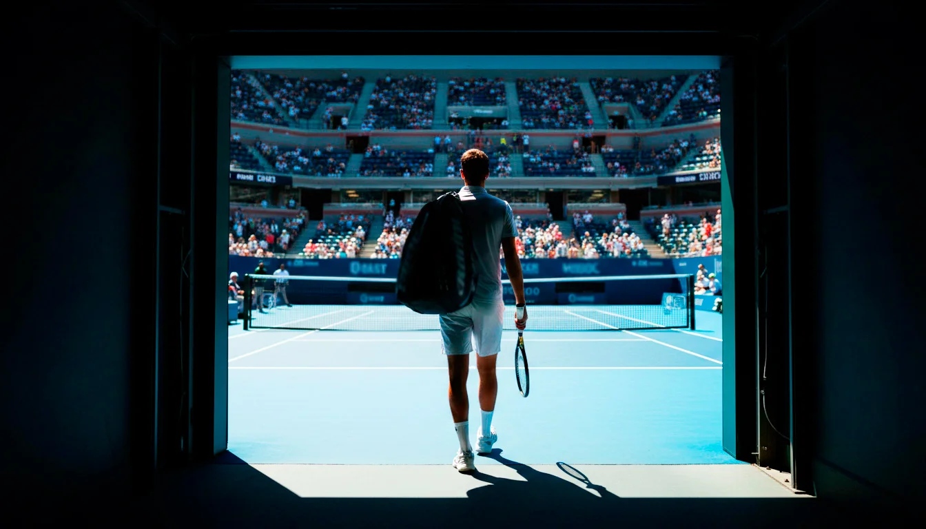 Tennisspieler geht selbstbewusst auf den Platz, Blick nach vorne gerichtet