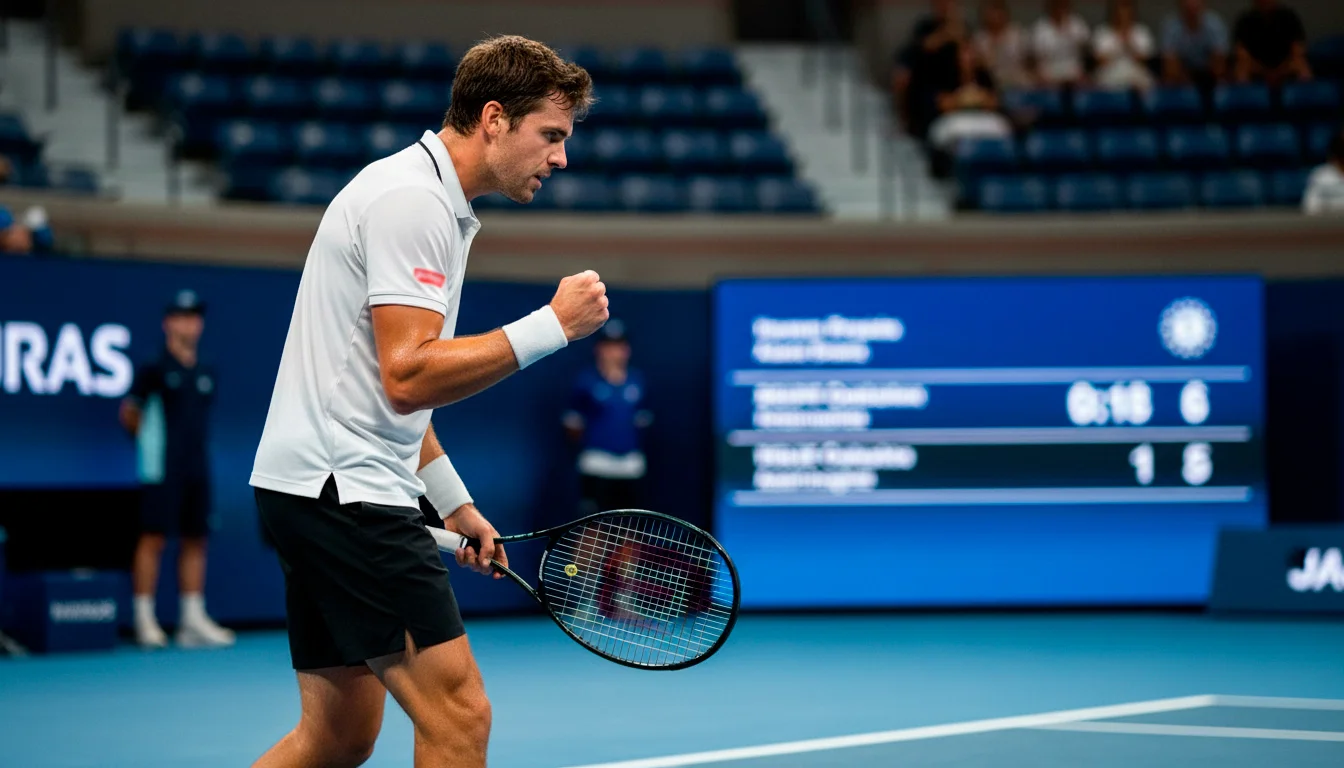 Tennisspieler feiert einen dominanten Sieg auf einem Hartplatz