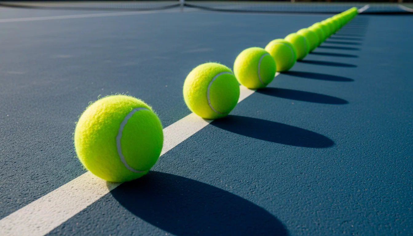 Mehrere Tennisbälle auf einem Hartplatz nebeneinander als Symbol für Kombiwetten