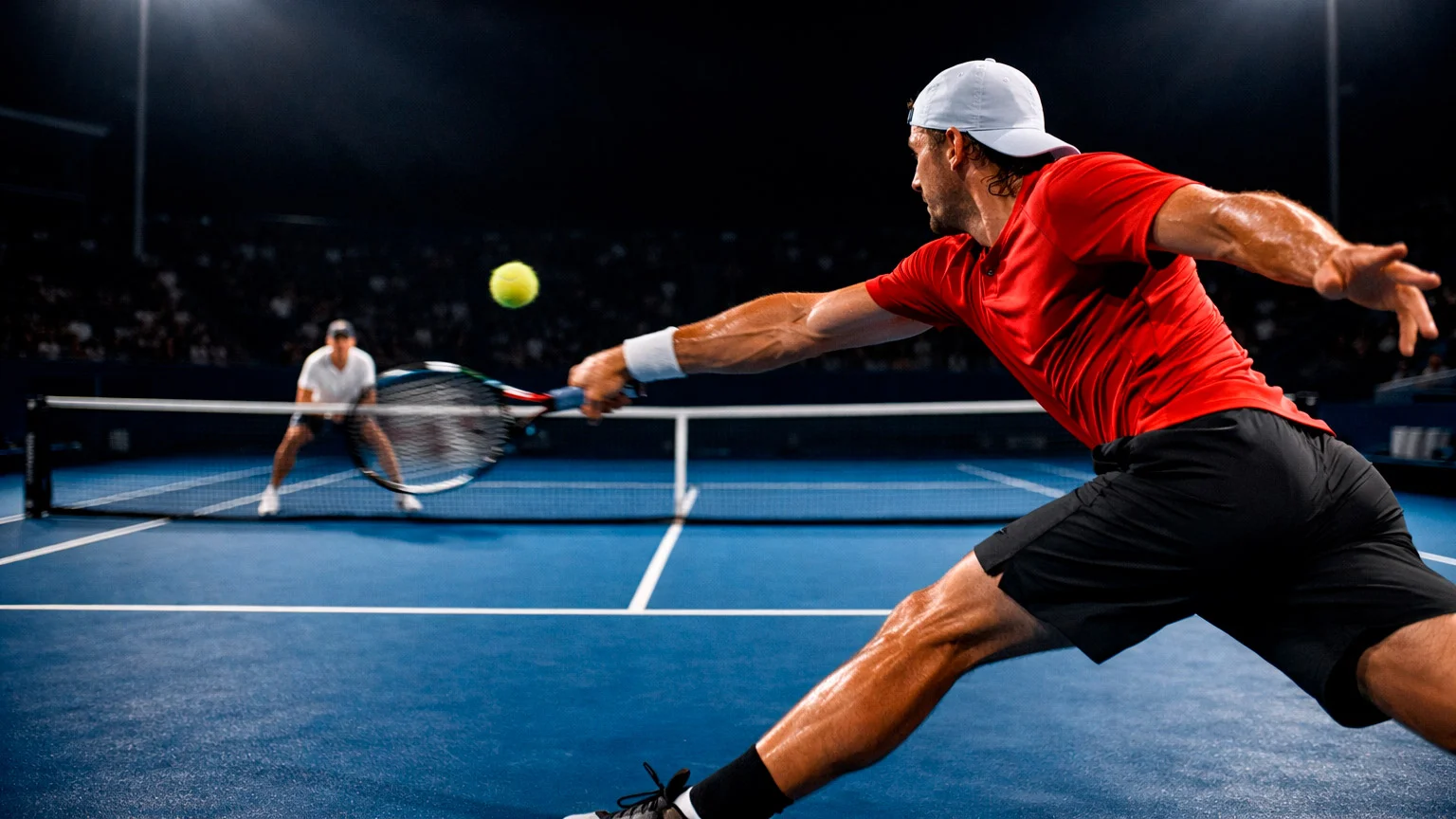 Spannender Ballwechsel auf einem Tennisplatz bei einem Nachtmatch unter Flutlicht