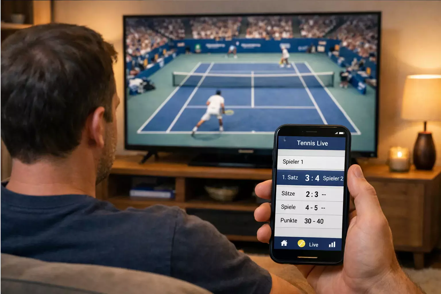 Person verfolgt Tennismatch live auf Smartphone und Laptop