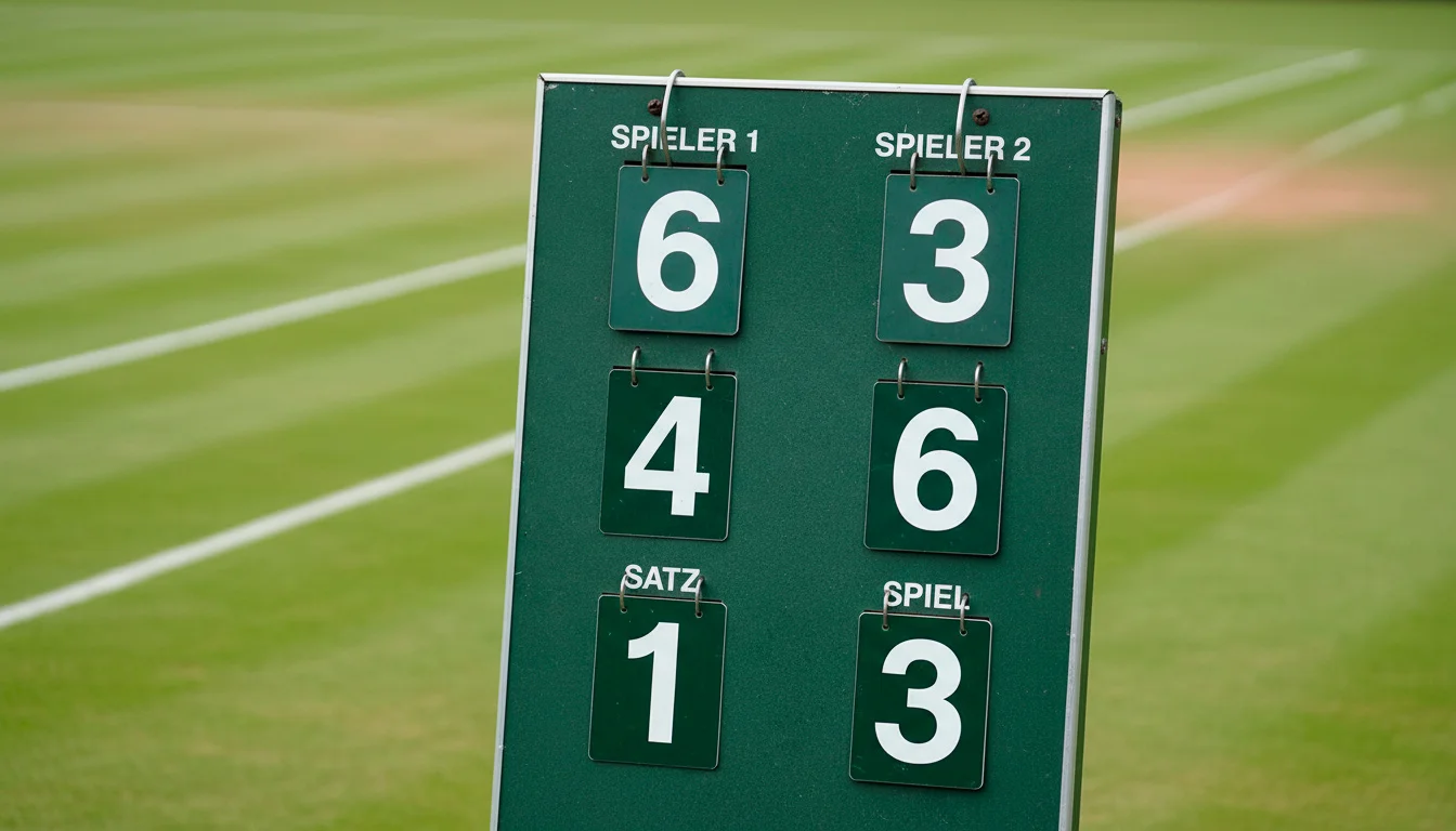 Nahaufnahme einer Anzeigentafel am Tennisplatz mit Spielstand