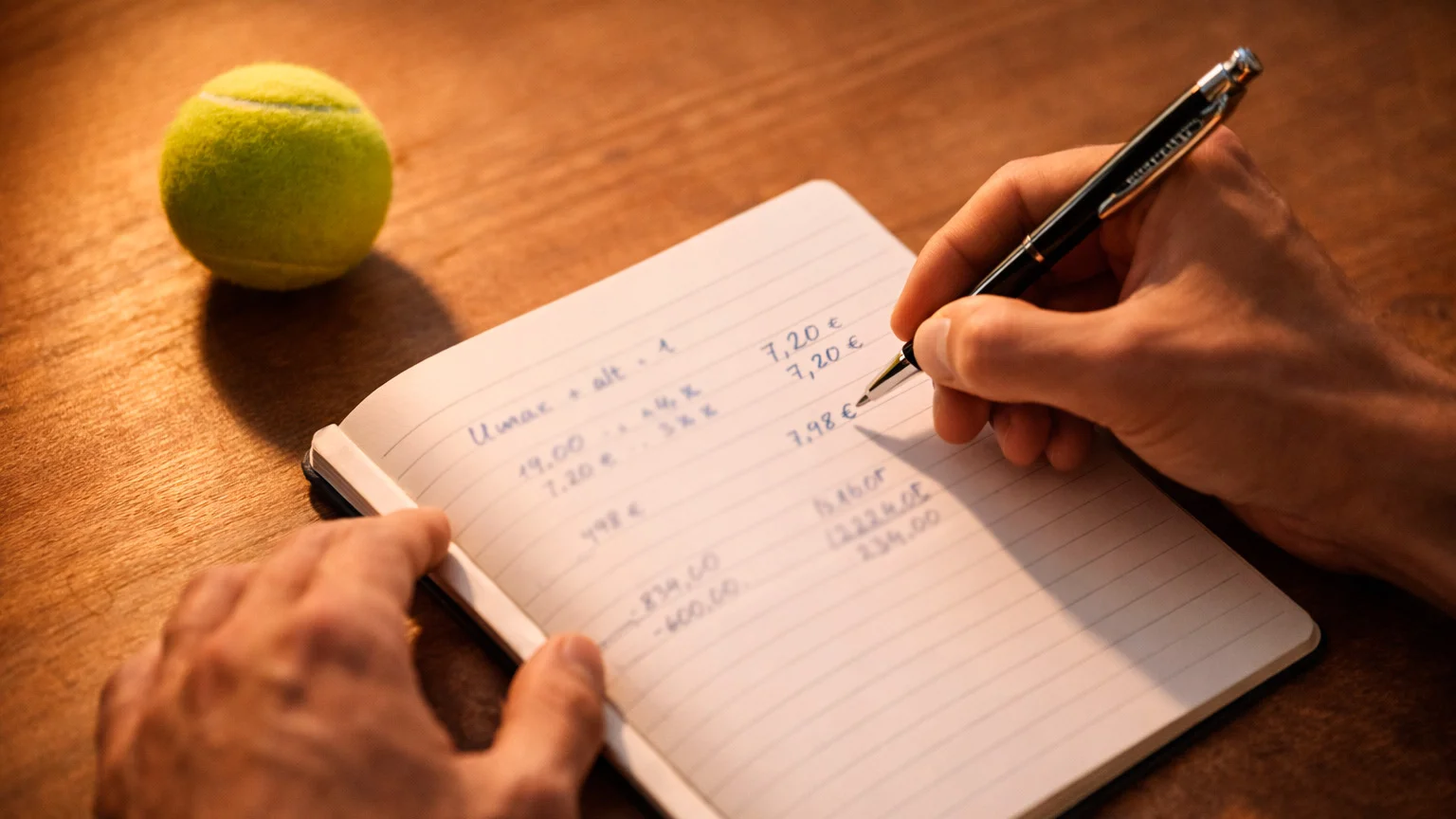 Person analysiert Tennisquoten mit Notizblock und Stift auf einem Schreibtisch