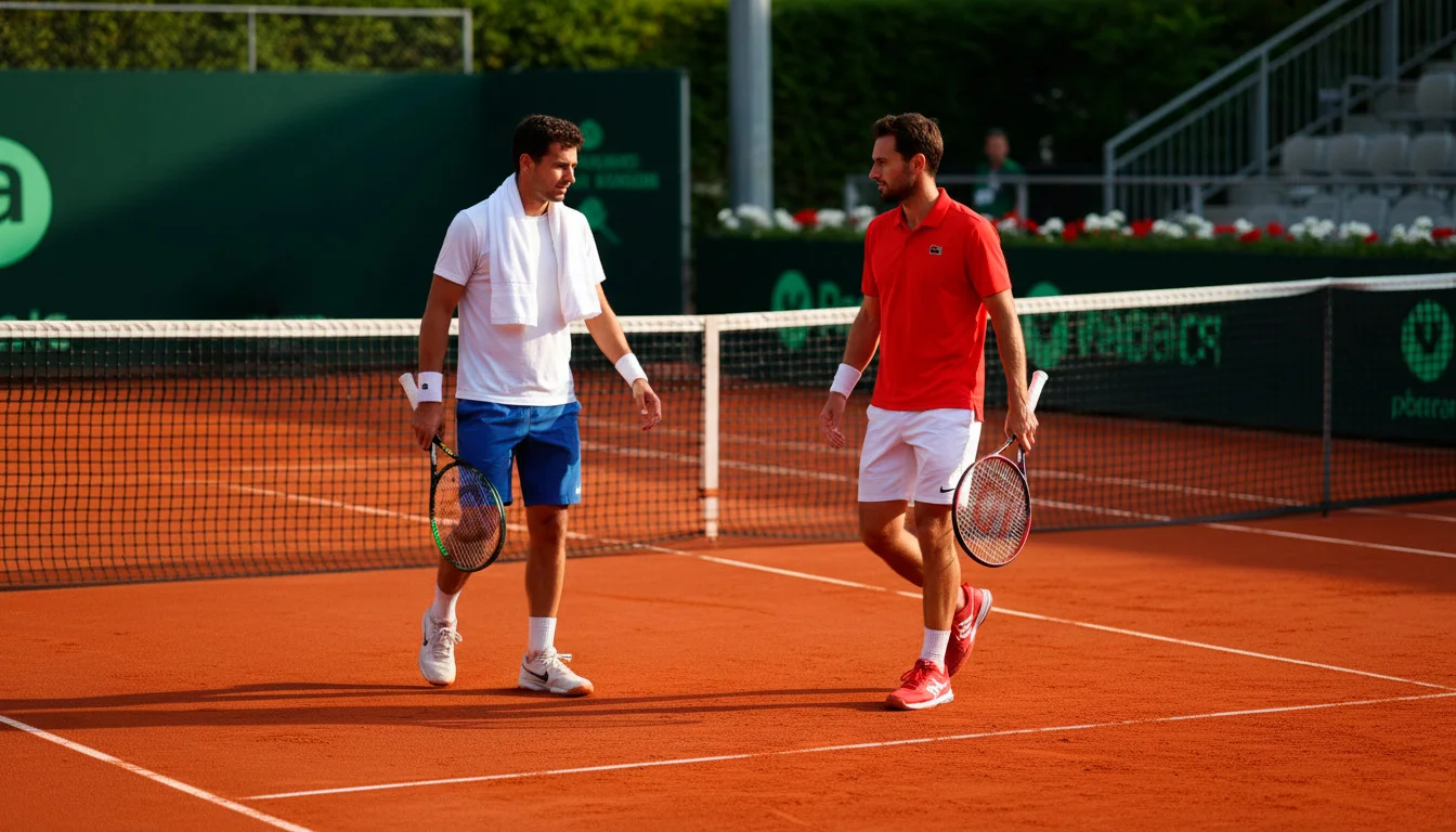Zwei Tennisspieler wechseln die Seiten an einem Sandplatz zwischen den Sätzen