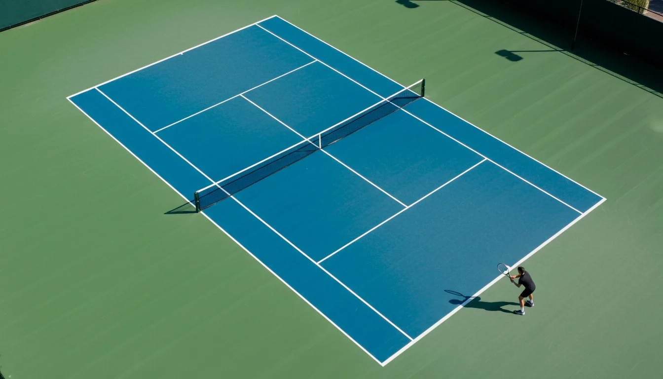 Tennisplatz aus der Vogelperspektive mit Spieler am Aufschlag