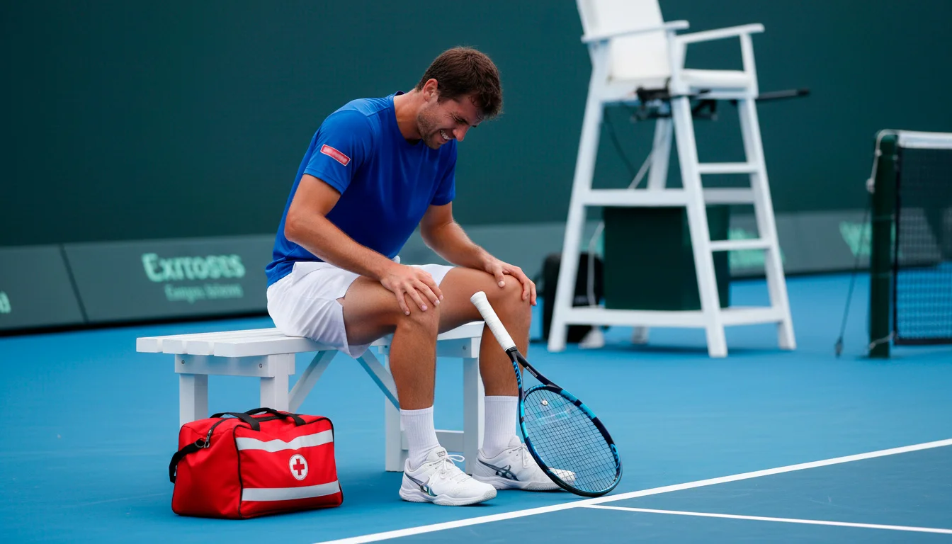 Tennisspieler sitzt auf der Bank und hält sich das Knie, medizinische Pause