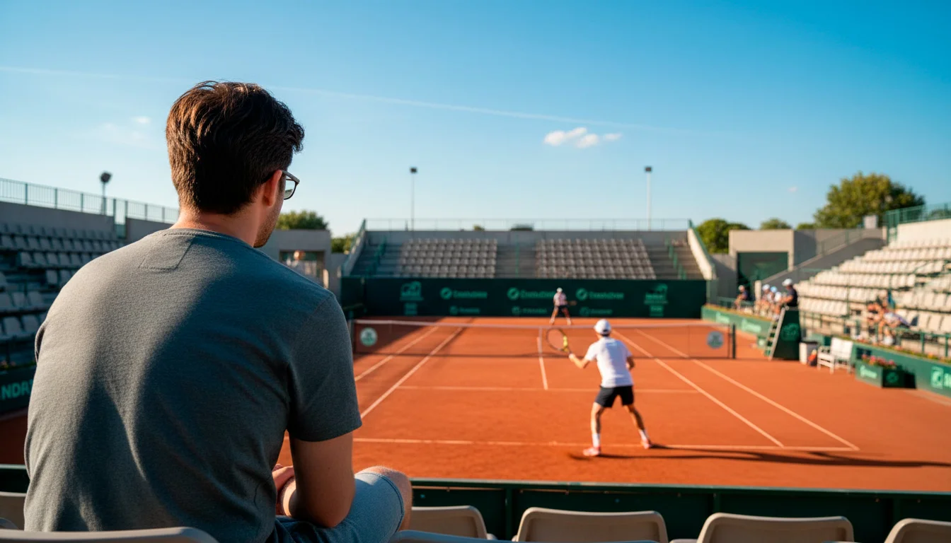 Person beobachtet ein Tennismatch von der Tribüne aus, sonniger Tag