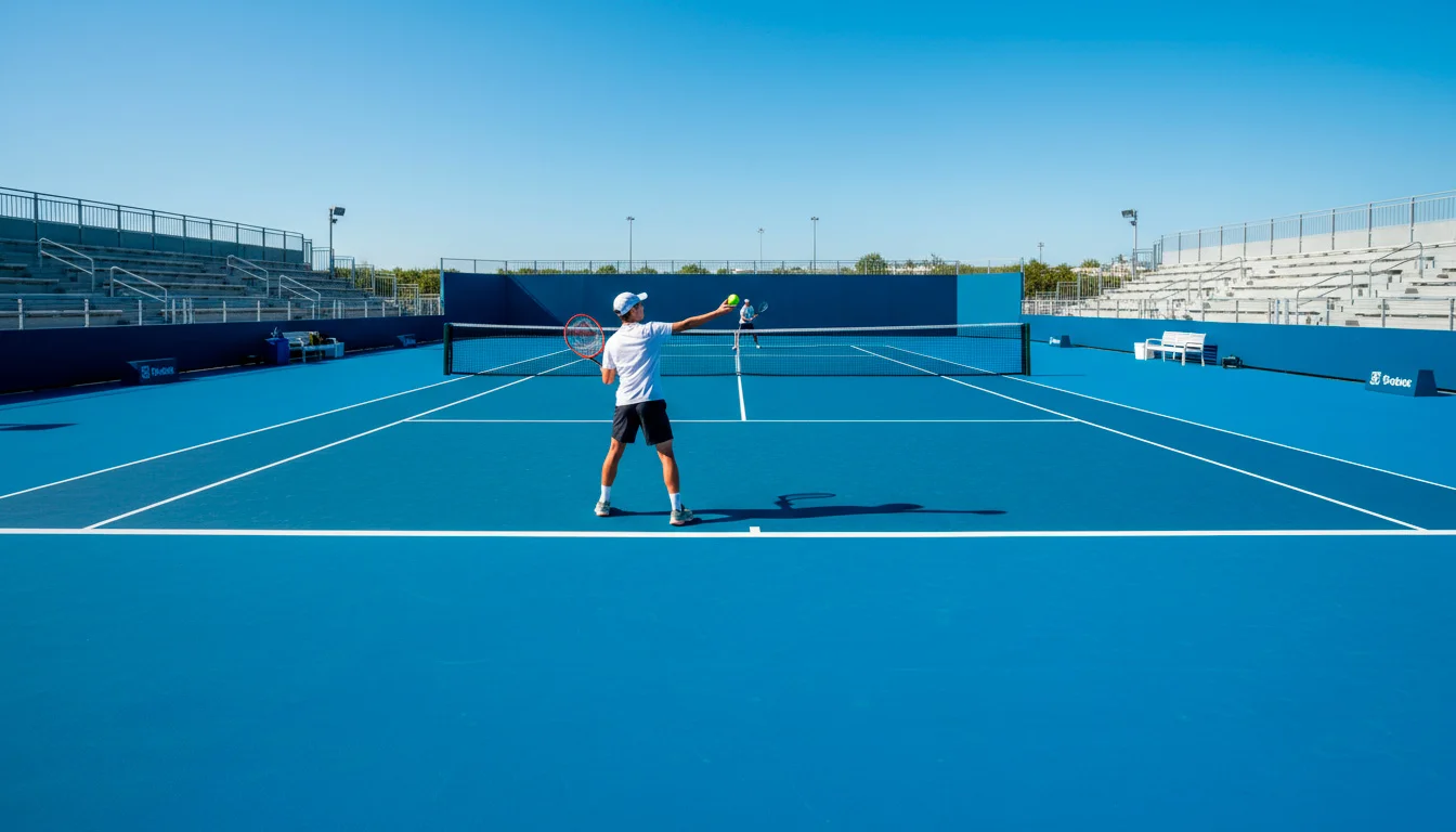 Blauer Hartplatz-Tennisplatz bei einem großen Turnier unter Sonnenschein