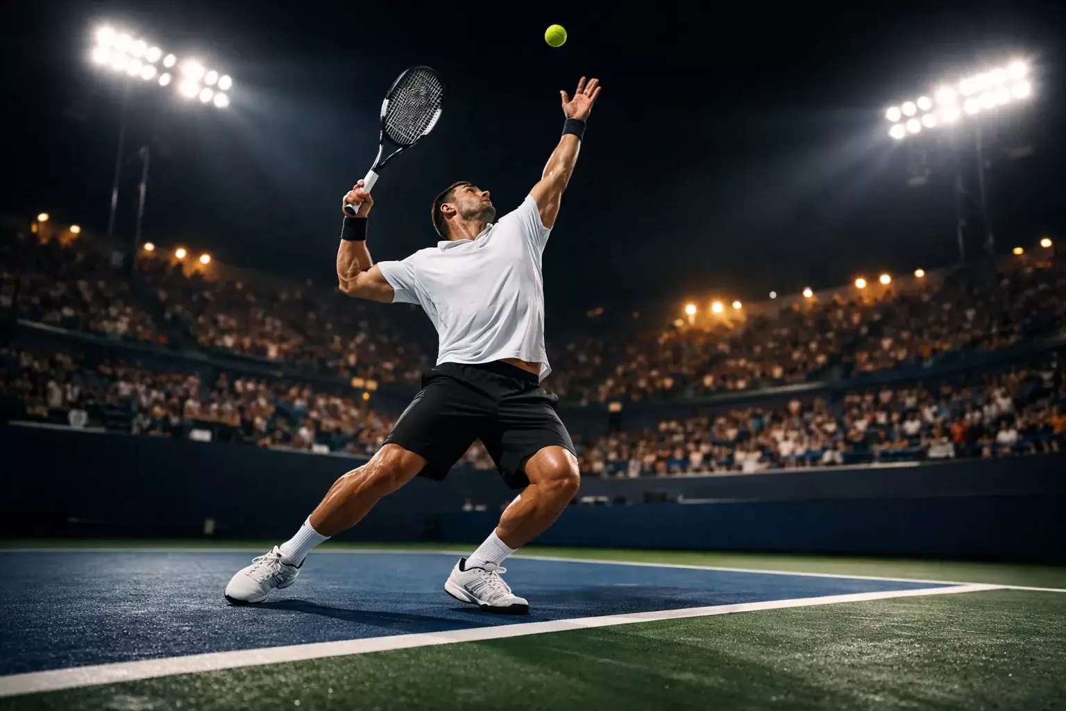 Tennisplatz mit Spieler beim Aufschlag unter Flutlicht