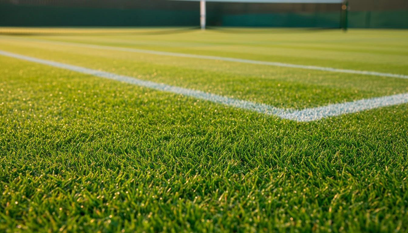 Gepflegter Rasen-Tennisplatz mit sichtbaren Grashalmen und weißen Linien