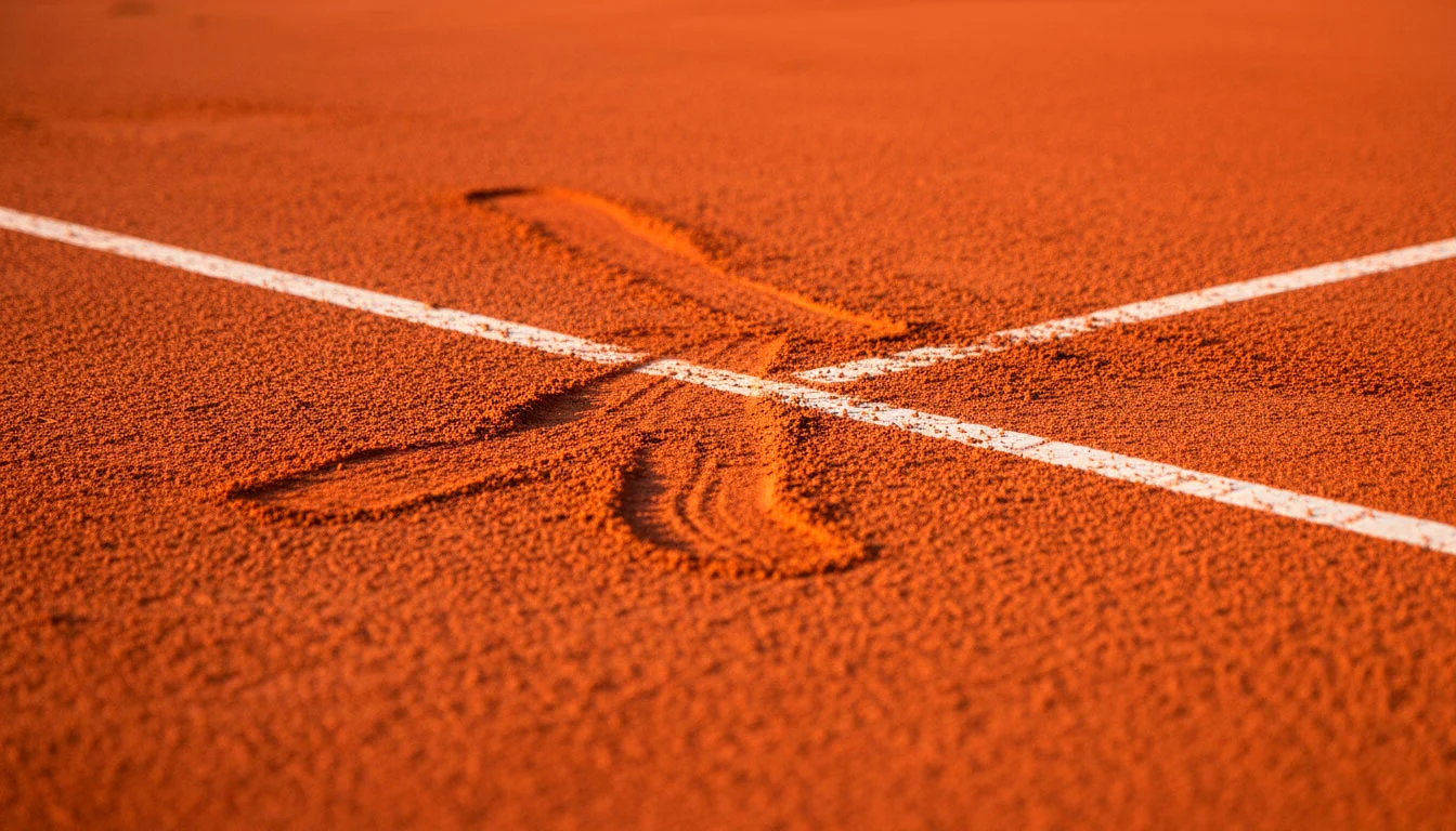 Roter Sandplatz-Tennisplatz in der Nahaufnahme mit Rutschspuren und Linienmarkierung