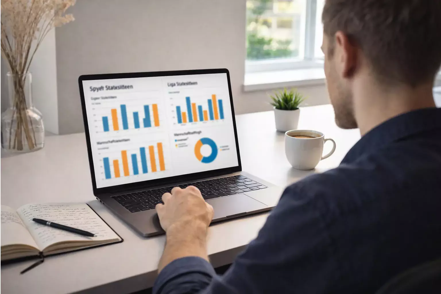 Person analysiert Tennisstatistiken am Laptop