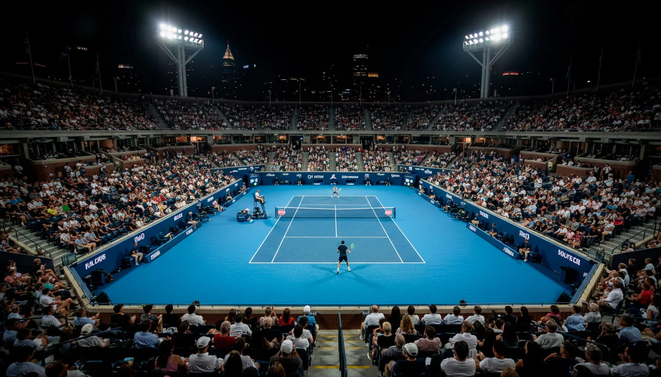 Beleuchtetes Tennisstadion bei Nacht, US-Open-Atmosphäre in Flushing Meadows