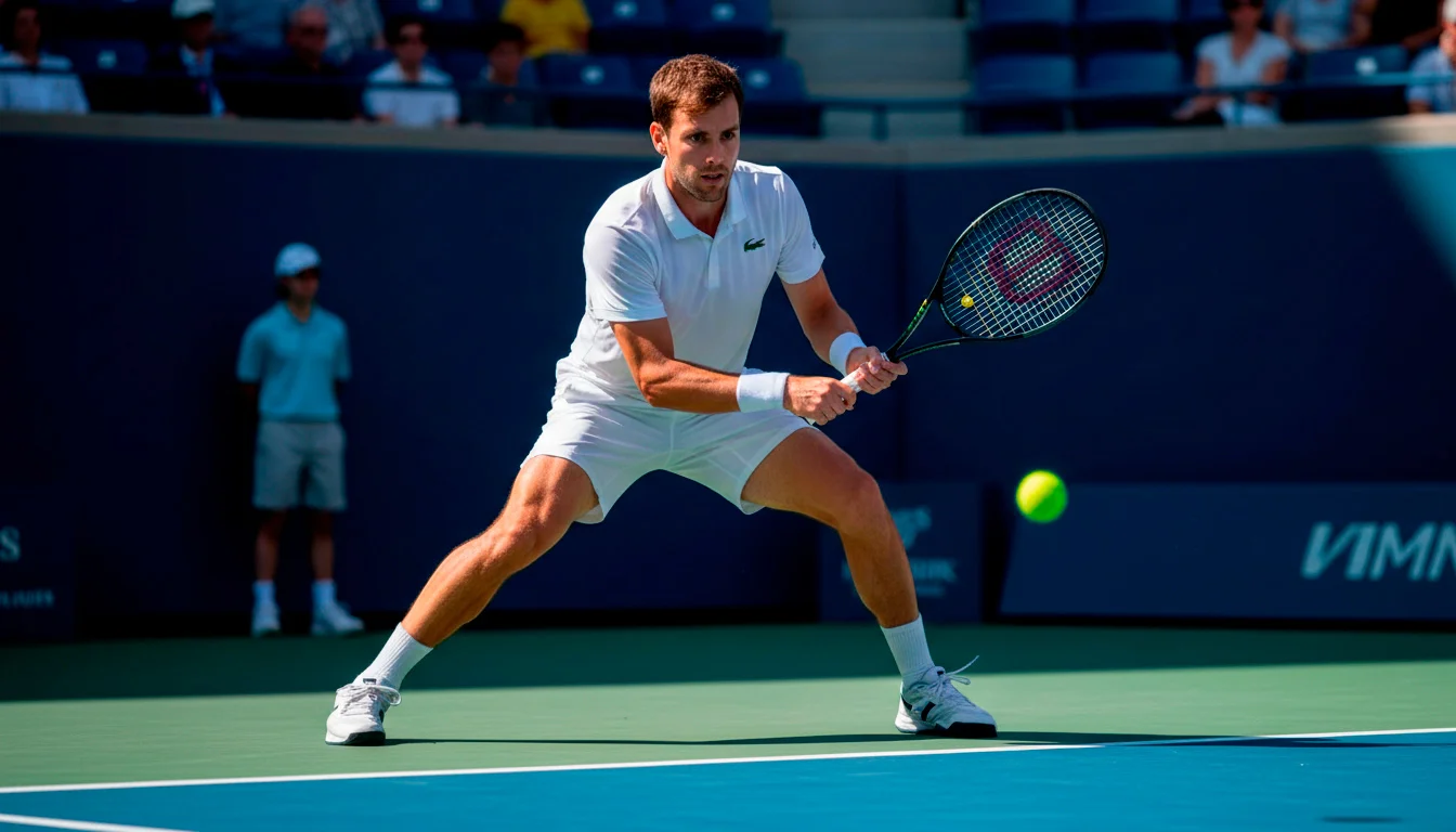 Tennisspieler bereitet sich auf den Return vor, konzentrierter Blick auf den Ball