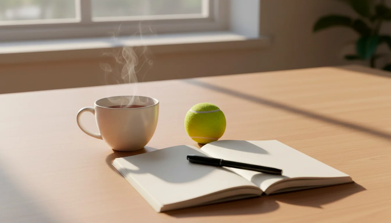 Ruhige Szene mit einer Tasse Tee und einem offenen Notizbuch, bewusstes Innehalten
