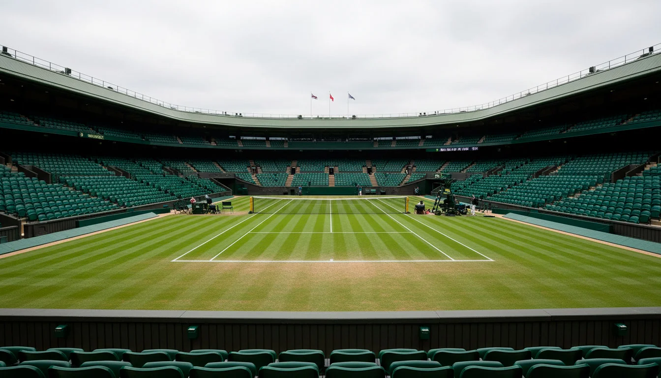 Blick auf den Centre Court in Wimbledon mit gepflegtem Rasen und weißen Linien